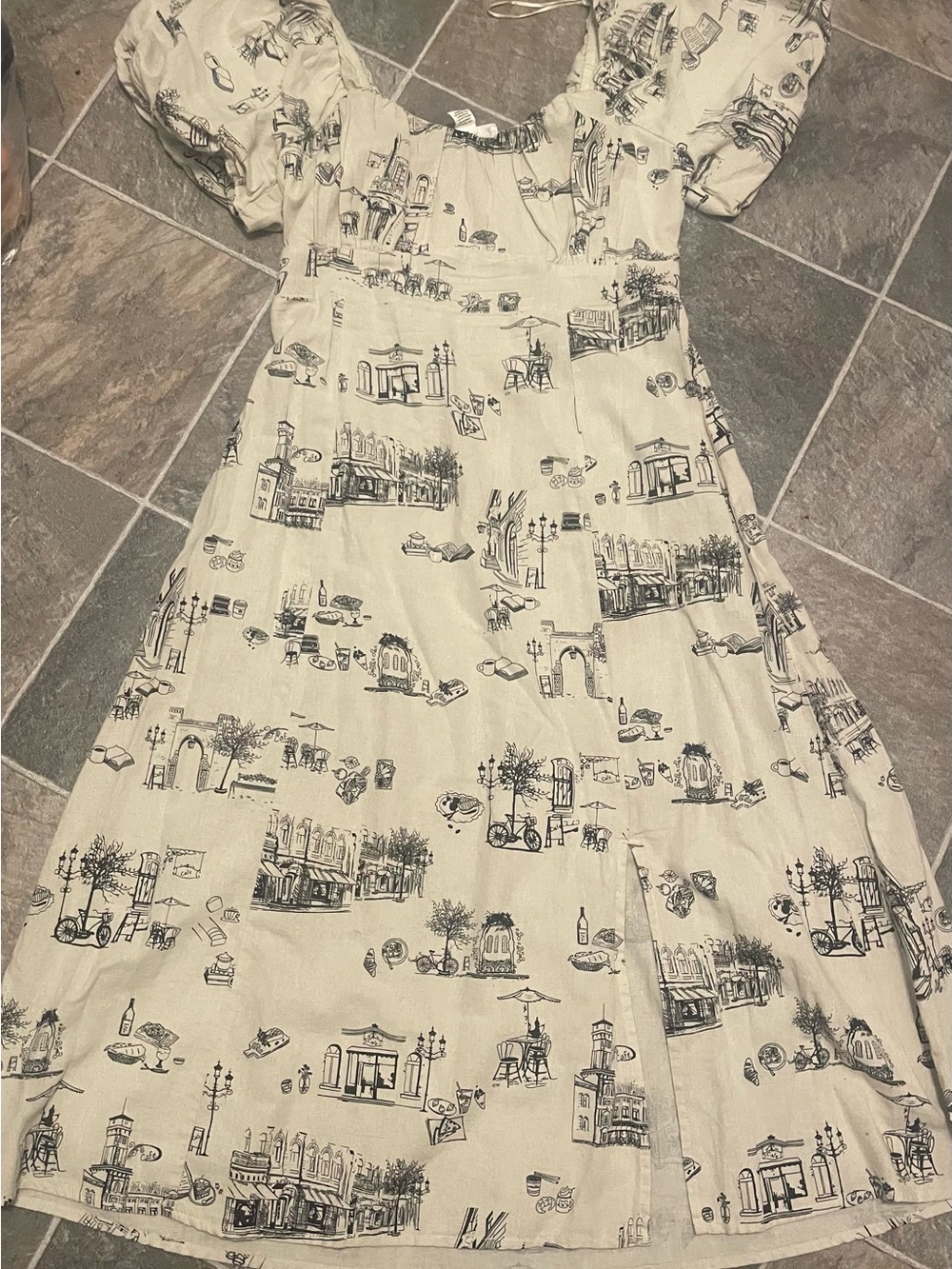 Ivory Scenic-Print Puff Sleeve Midi Dress